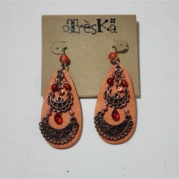 Treska Bohemian Wood Teardrop Dangle Earrings Red Orange Beaded Filigree Bronze 35$